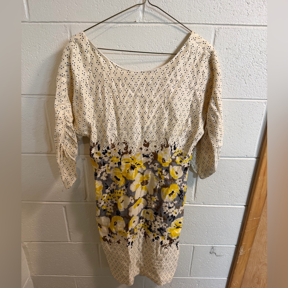 Meadow Rue Beige and Yellow Floral Long Sleeve Dress